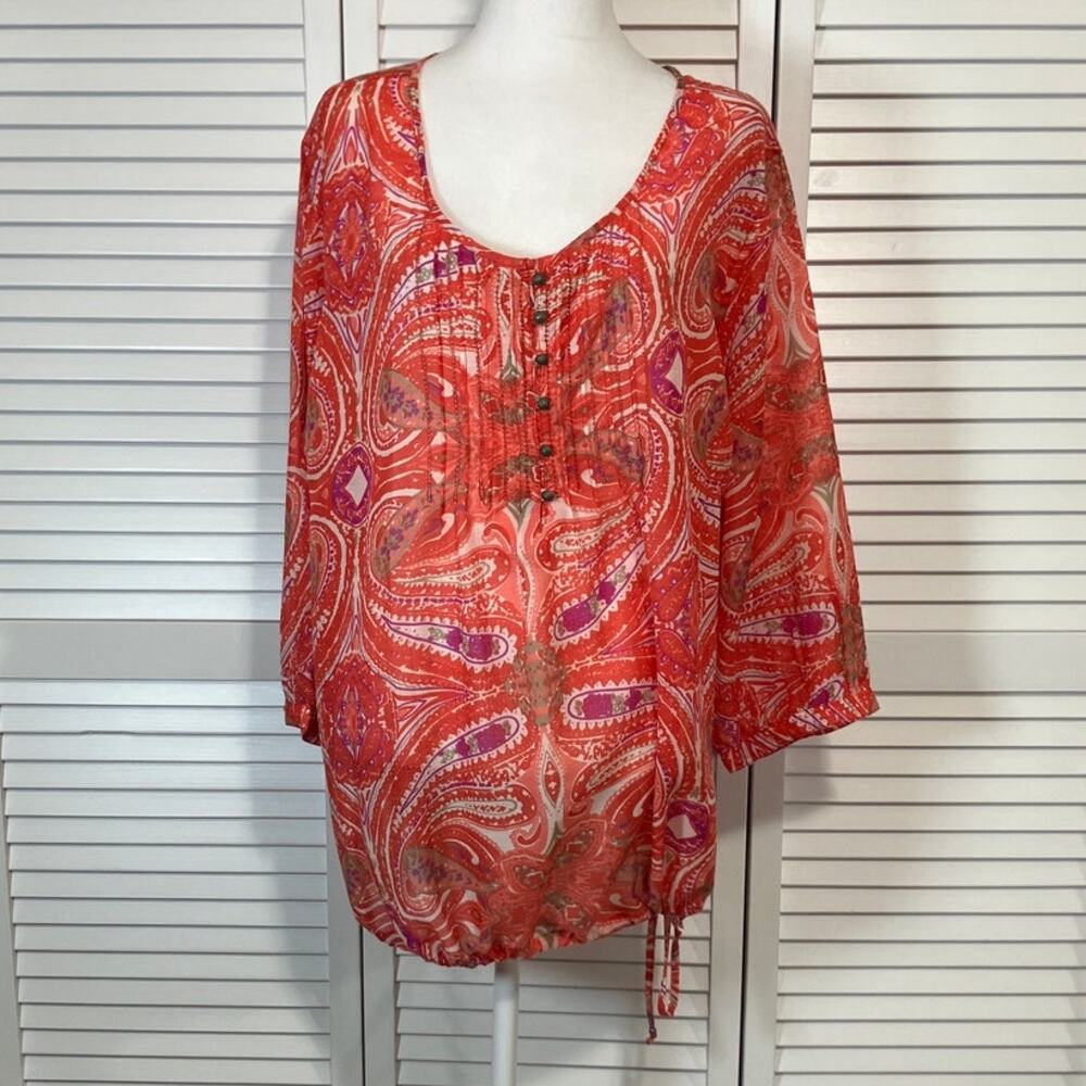 Tantrums Vintage Colorful Paisley Bohemian ¾ Sleeve Tunic Blouse Women XL